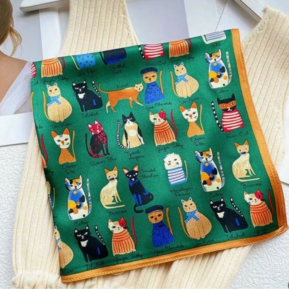 Cat Breeds Cartoon Whimsical Printed Square 27.5” Scarf, Green